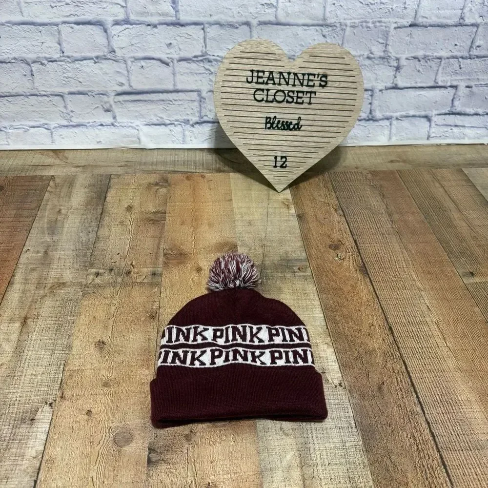 Victoria’s Secret PINK Beanie Pompom Hat Maroon Holiday Wine